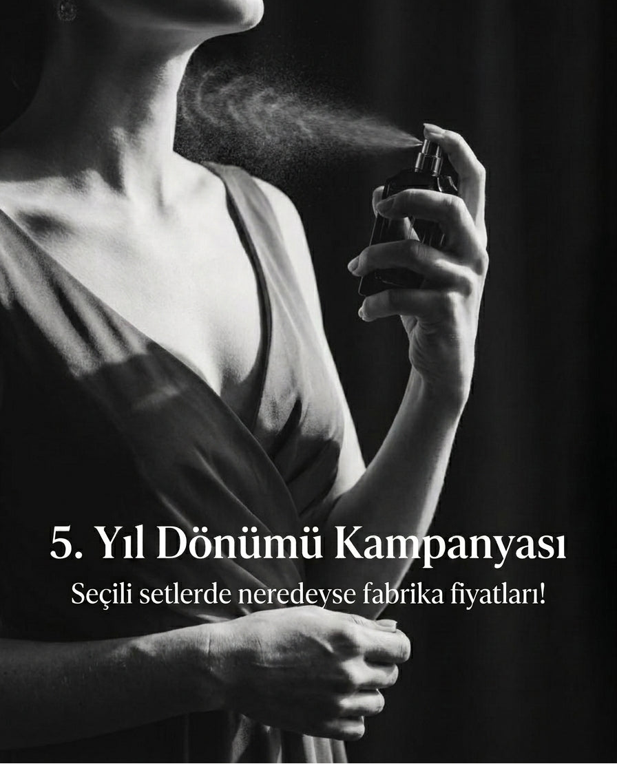 Person spraying perfume with a dark background and promotional text overlay.